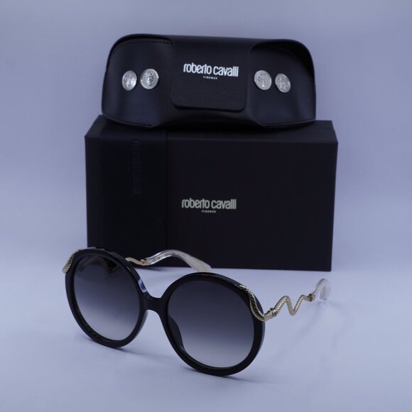 Roberto Cavalli SRC004M 0700 Sunglasses Shiny Black/Gold Round Frame - Picture 10 of 10